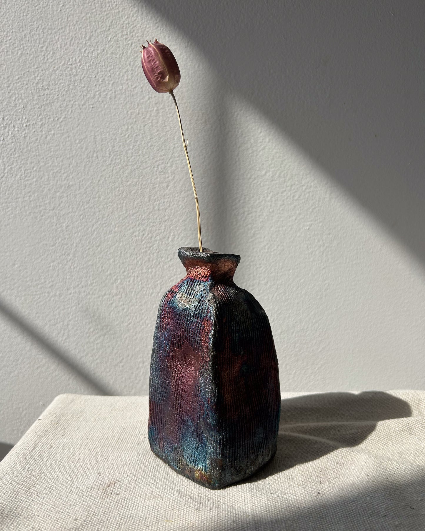 Raku-fired Carved Vase, Metallic