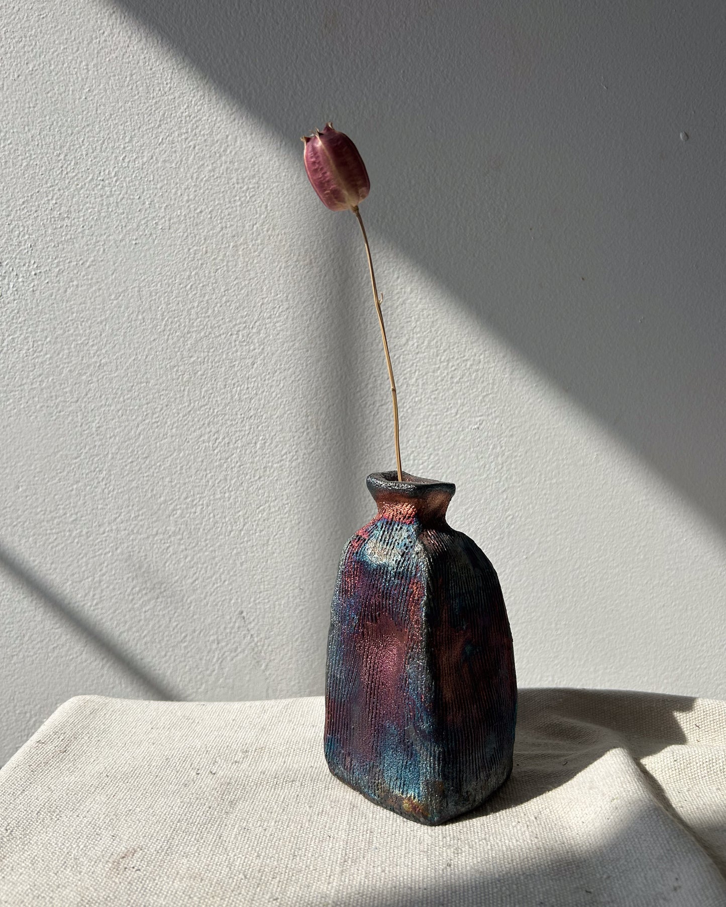 Raku-fired Carved Vase, Metallic