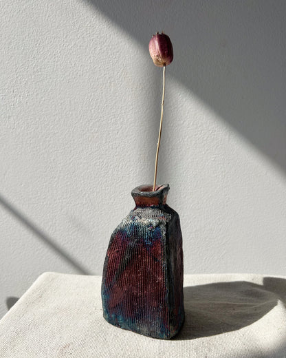 Raku-fired Carved Vase, Metallic