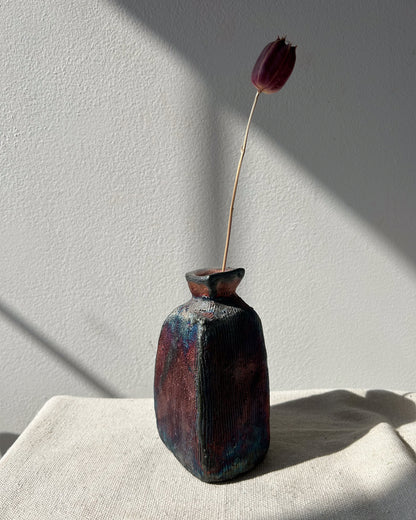 Raku-fired Carved Vase, Metallic