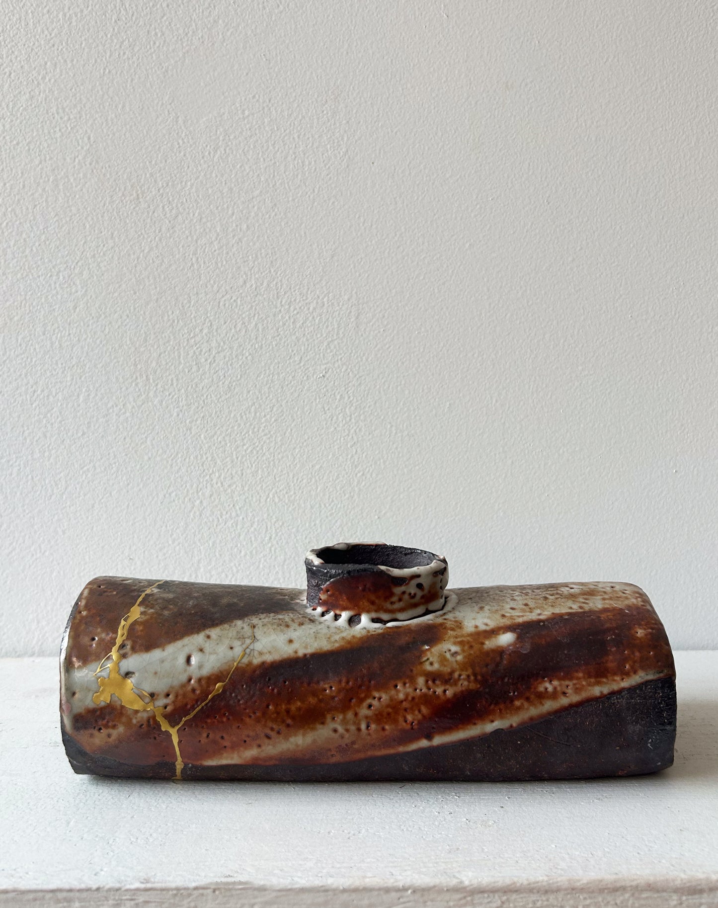 Wood-fired Long Vase, Kintsugi-repaired