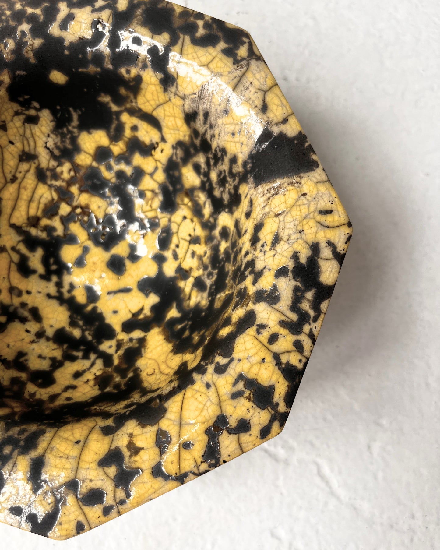 Raku-Fired Octogon Bowl, Yellow Dalmation