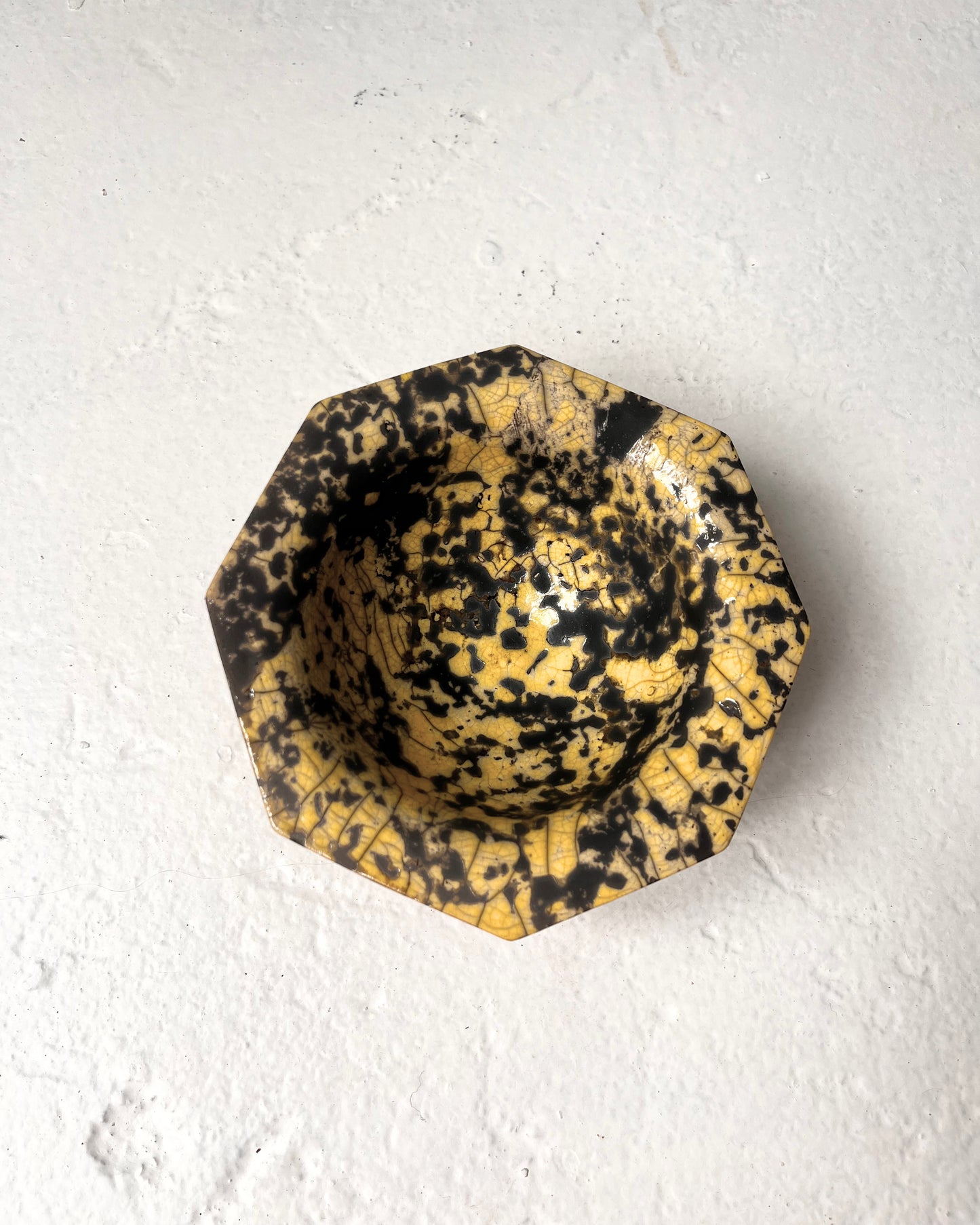 Raku-Fired Octogon Bowl, Yellow Dalmation