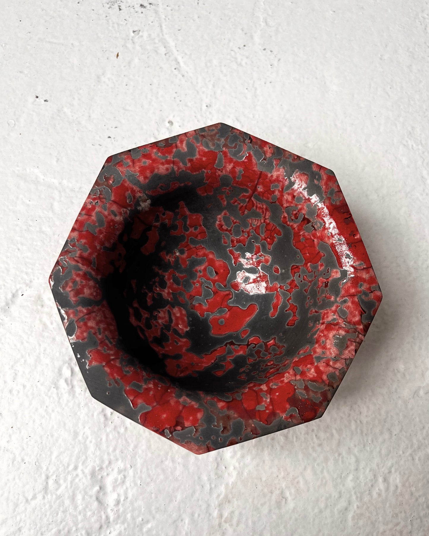 Raku-Fired Octogon Bowl, Red Dalmation