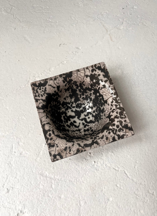 Raku-Fired Square Bowl, Dalmation